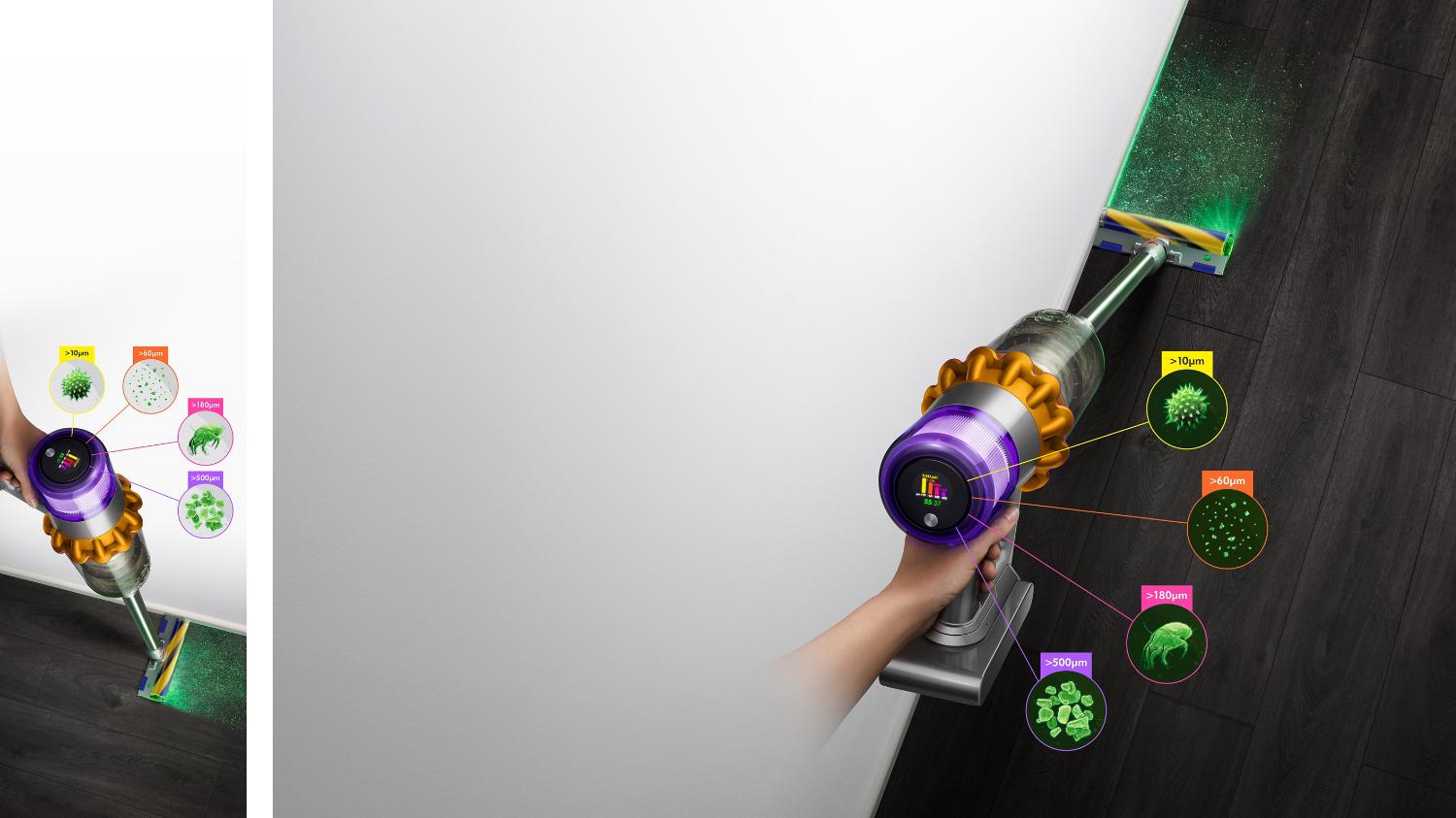 Dyson V15 Detect vacuum with Laser Slim Fluffy cleaner head, showing sizes of dust detected